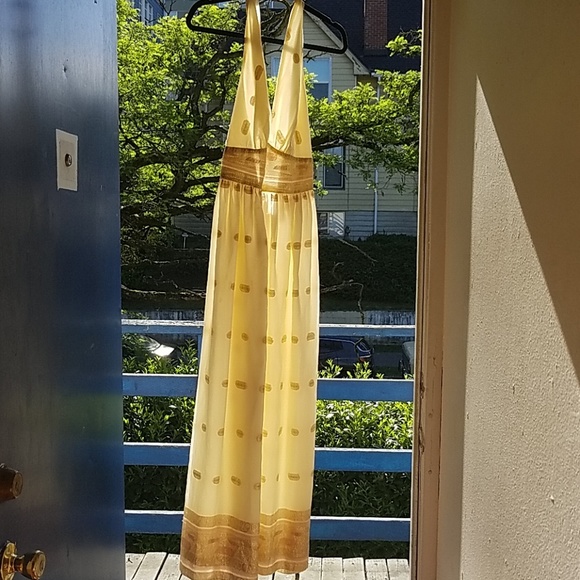 Vintage Dresses & Skirts - India silk, gold peach embroidered halter dress,